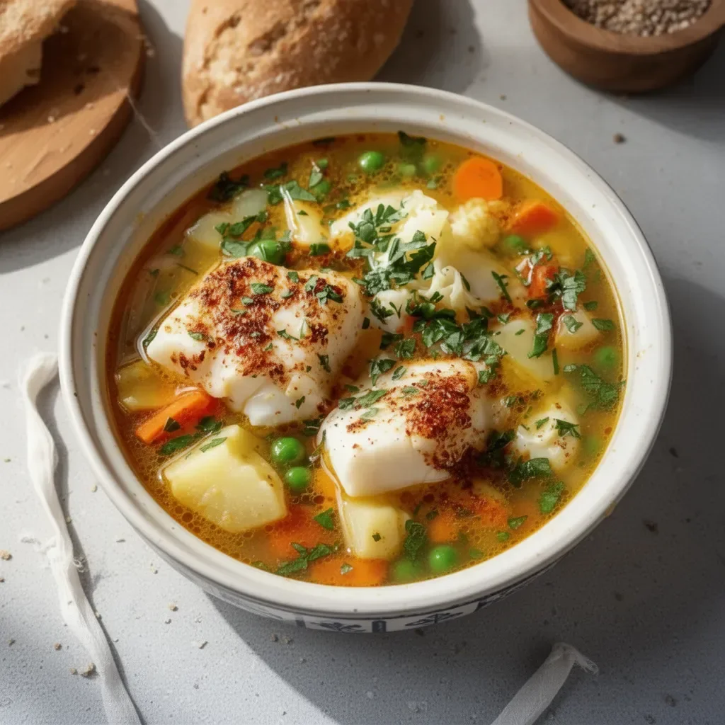 Delicious bowl of easy fish soup with fresh ingredients