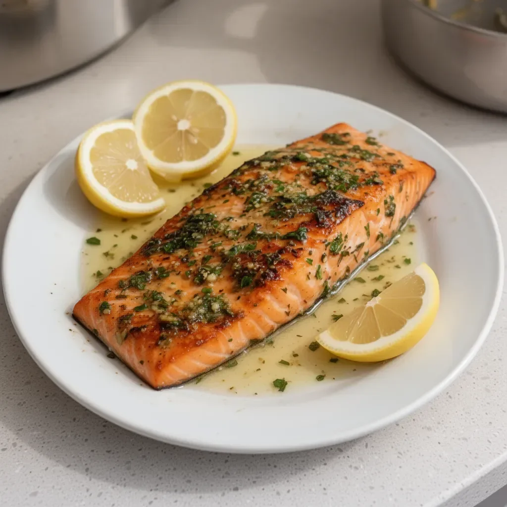 Delicious easy lemon garlic butter baked salmon on a white plate