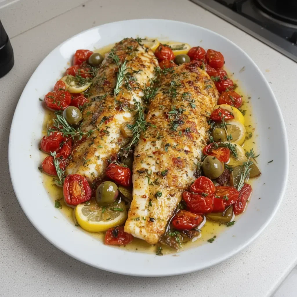 Plate of Mediterranean Baked Fish with fresh herbs and vegetables