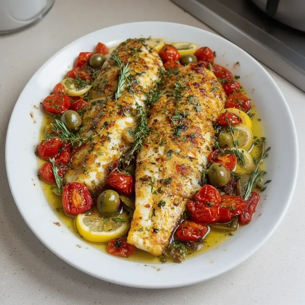Delicious Mediterranean Baked Fish garnished with herbs and lemon.