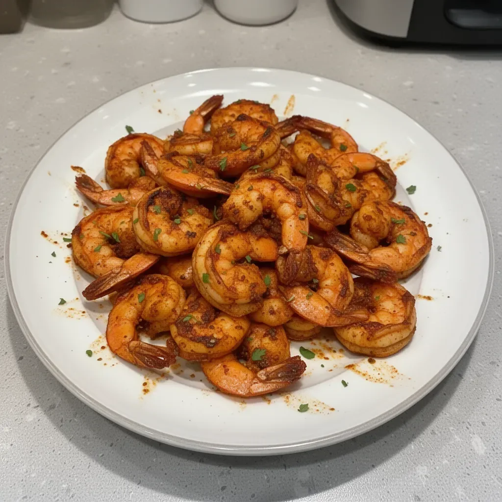 Delicious one pan Cajun shrimp dish served with colorful vegetables.