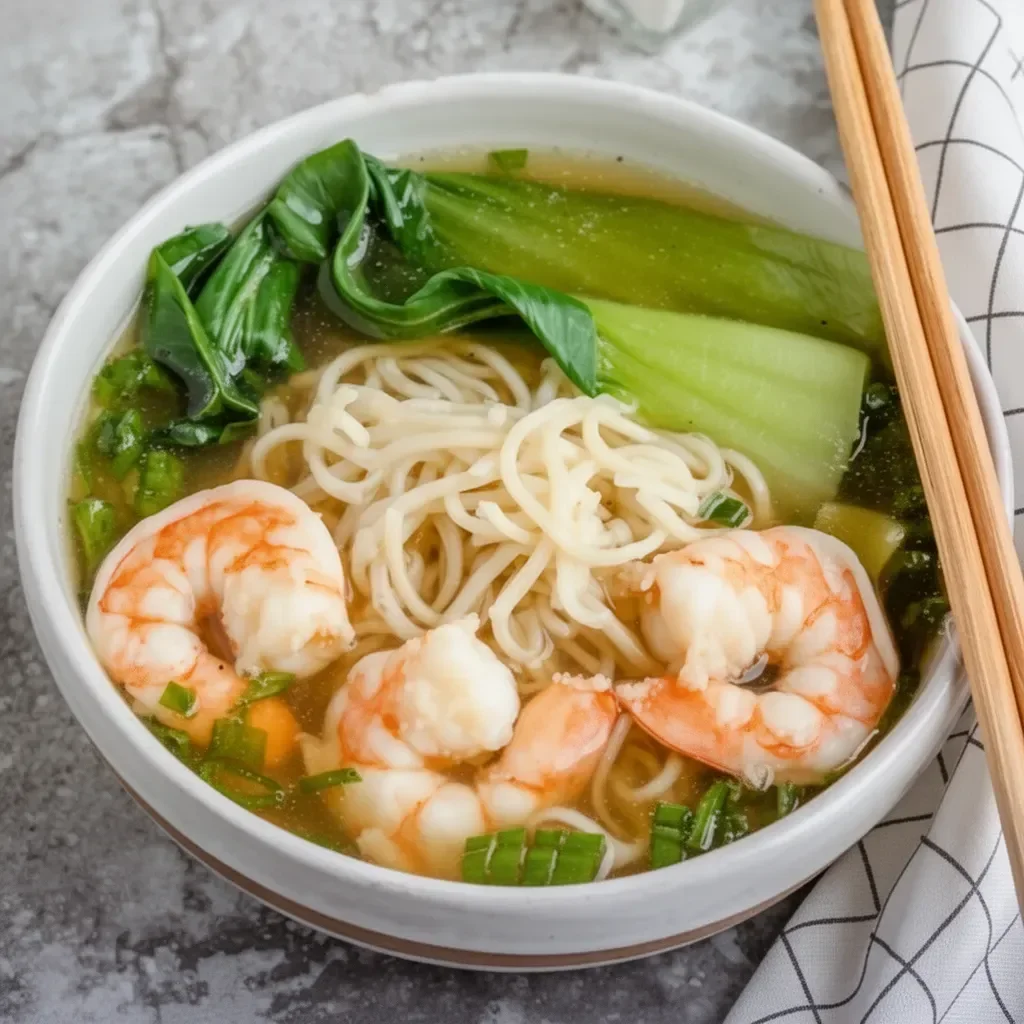Bowl of easy shrimp noodle soup with fresh herbs and colorful vegetables