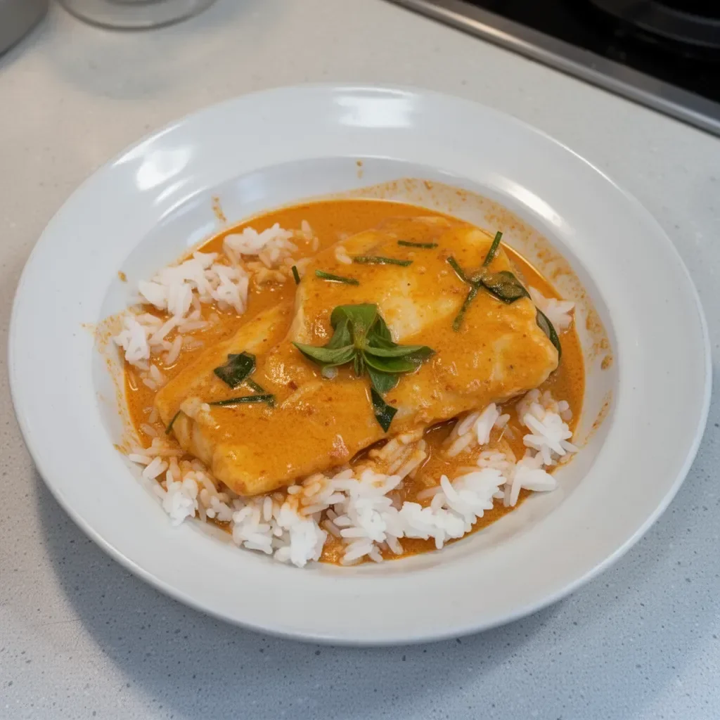 Easy Thai red curry cod dish garnished with fresh cilantro and lime.