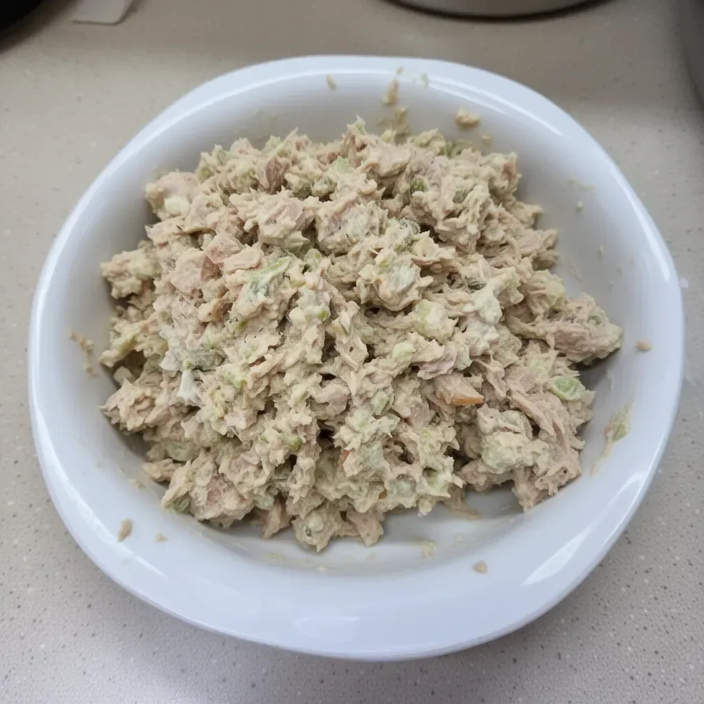 Bowl of easy tuna salad with vegetables and dressing