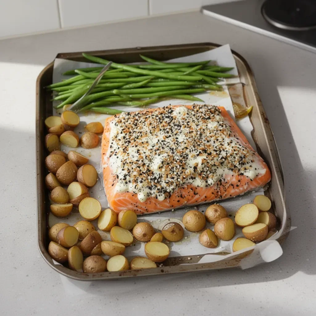Sheet pan salmon topped with everything bagel spices and herbs