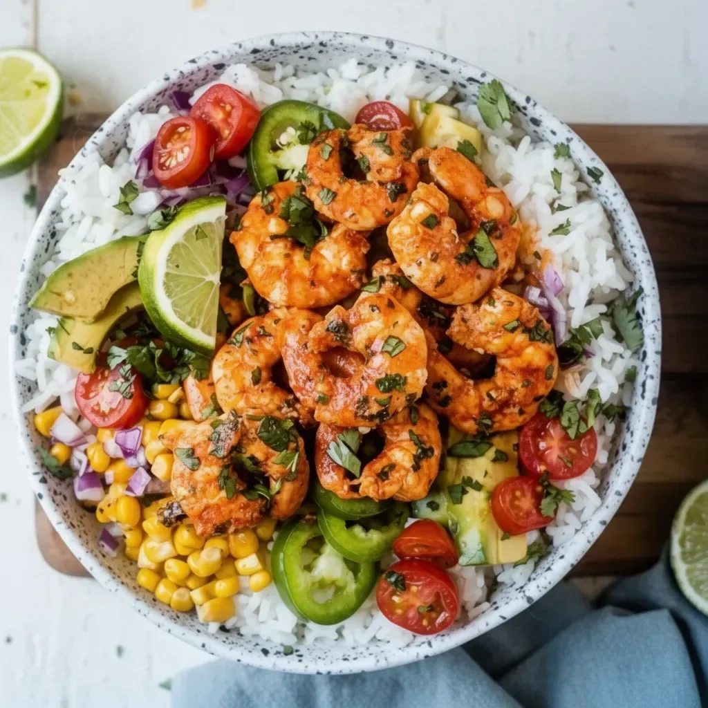 Colorful Fiesta Lime Shrimp Bowls garnished with lime and fresh vegetables