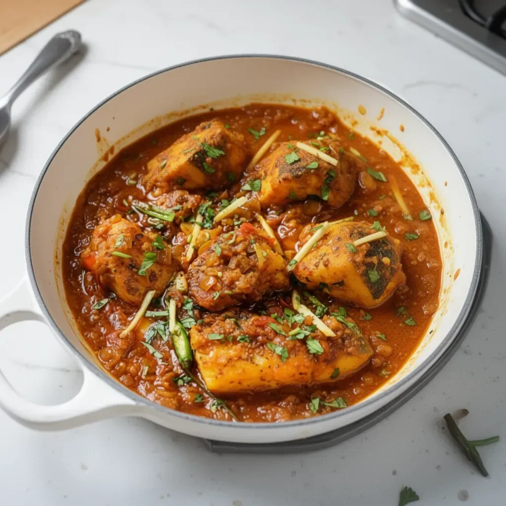 Plate of spicy Fish Curry (Fish Masala) garnished with herbs