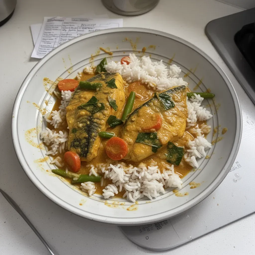 Delicious homemade fish curry served in a bowl with garnish