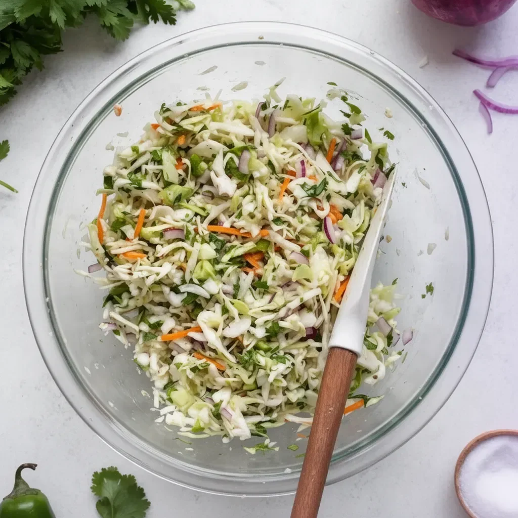 Delicious fish taco slaw topped with fresh vegetables and spices
