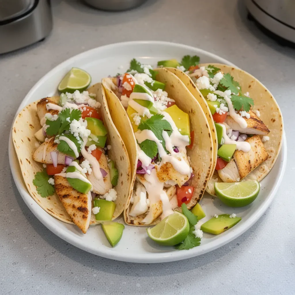 Plated fish tacos topped with fresh salsa and avocado