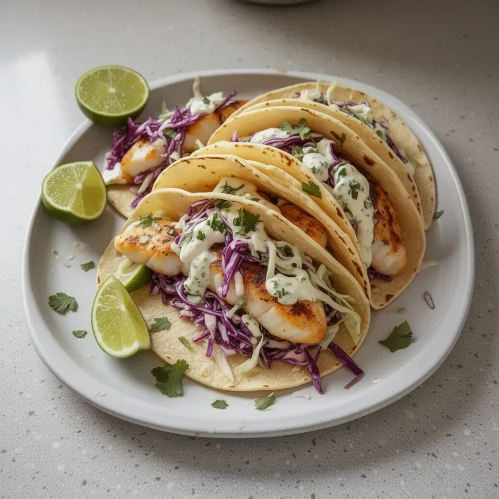 Delicious fish tacos served with fresh cabbage slaw
