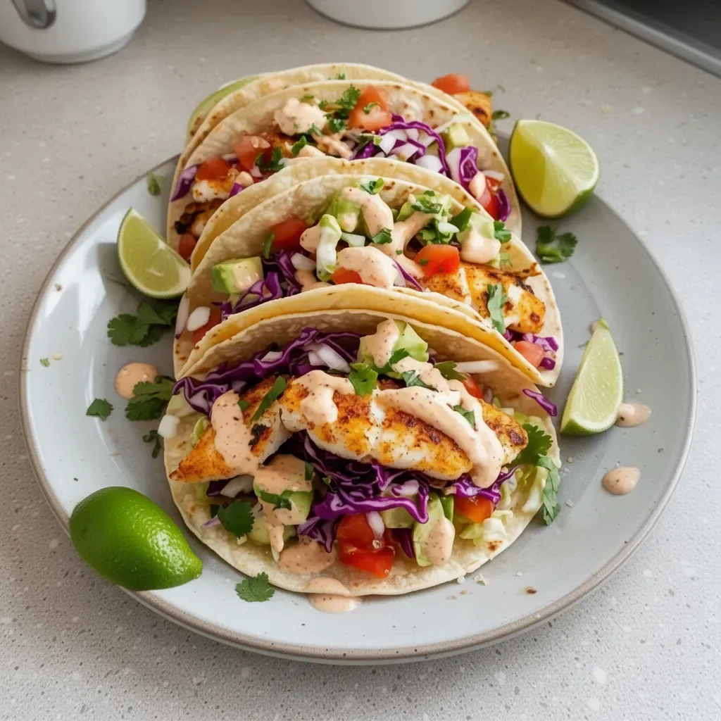 Delicious fish tacos served with the best taco sauce on a plate