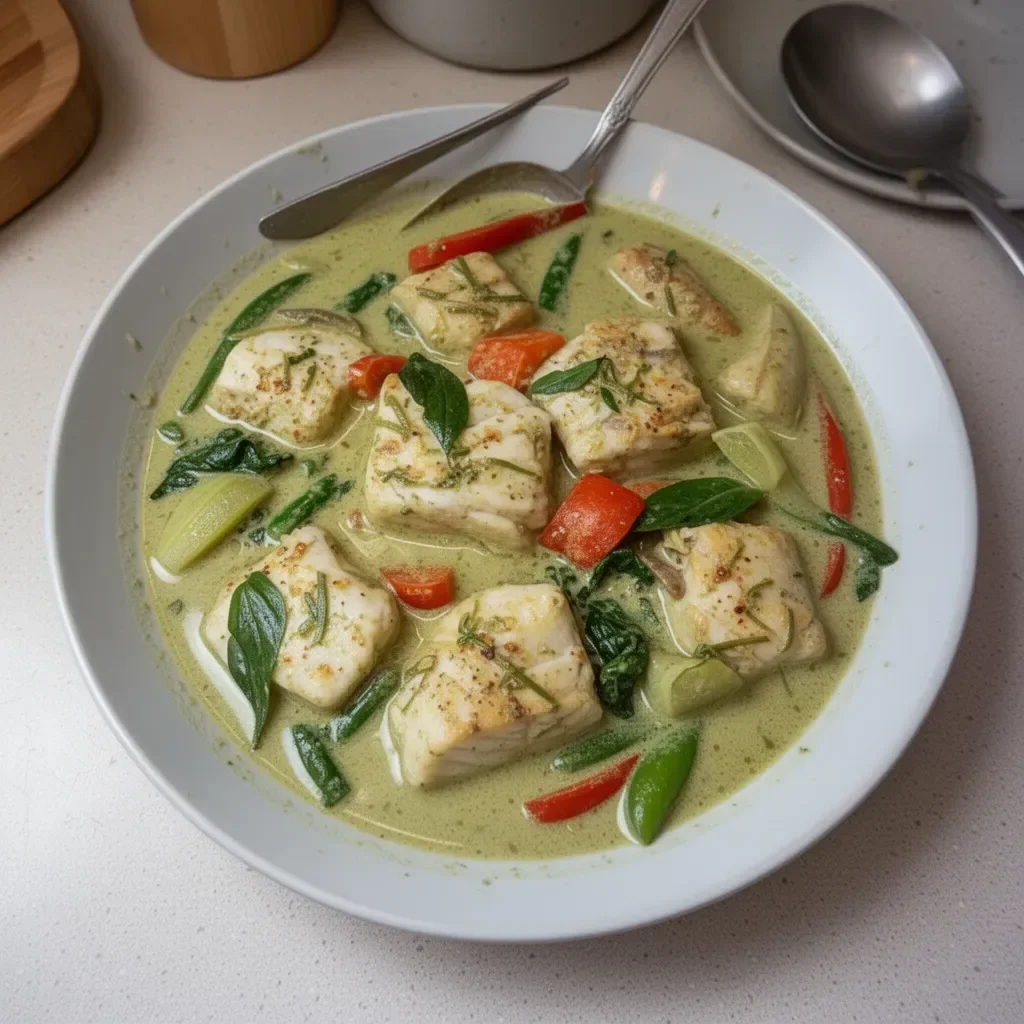 Delicious Fish Thai Green Curry served in a bowl with fresh herbs.