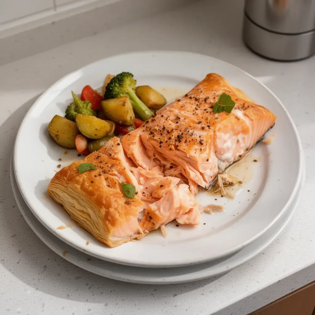 Delicious flaky, buttery salmon fillet garnished with herbs