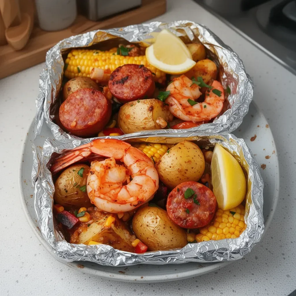 Delicious seafood boil foil packets ready for grilling with shrimp, crab, and veggies.