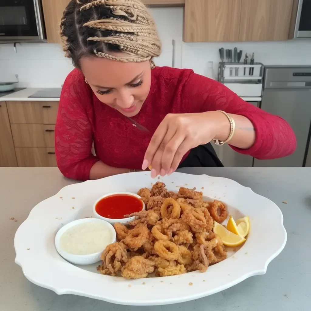 Plate of crispy Fried Calamari served with dipping sauce and lemon wedges.