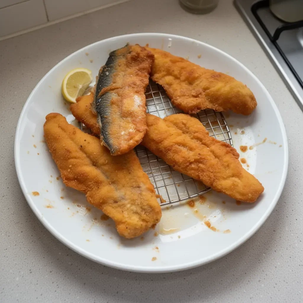 Plate of crispy fried hake with lemon and herbs