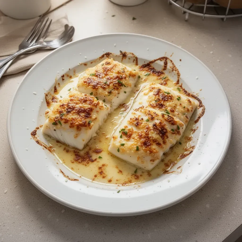 Garlic Parmesan Baked Halibut served on a plate with fresh herbs