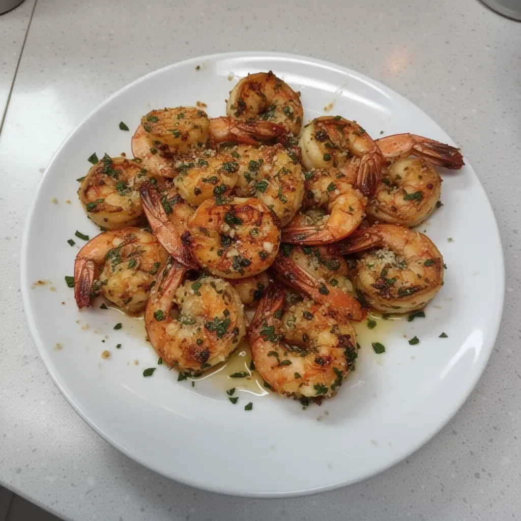 Garlic Parmesan Roasted Shrimp served on a plate garnished with parsley