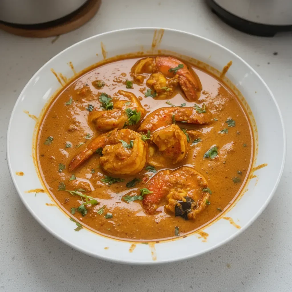 Bowl of flavorful Goan shrimp curry with spices and coconut milk