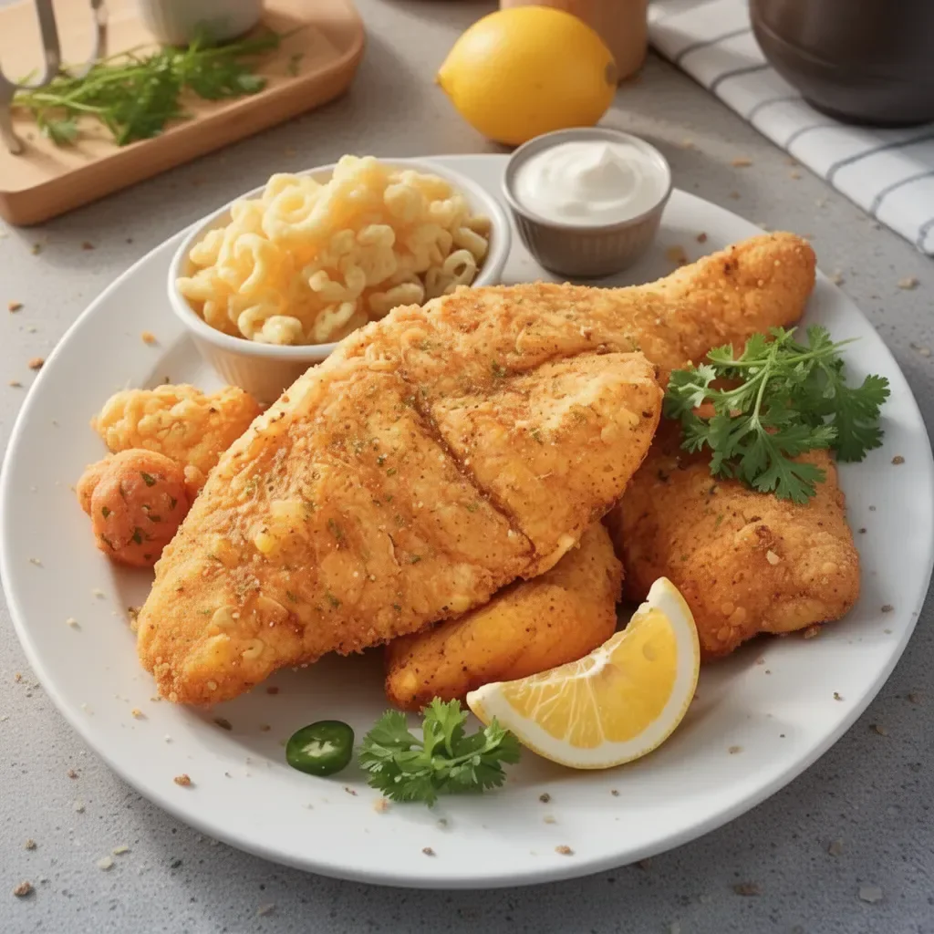 Golden Corral's fried fish recipe served with lemon and sides