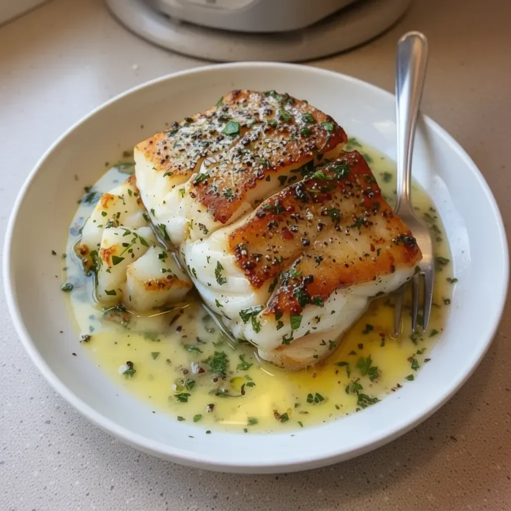 Golden Seared Cod topped with Herb Butter Sauce on a white plate
