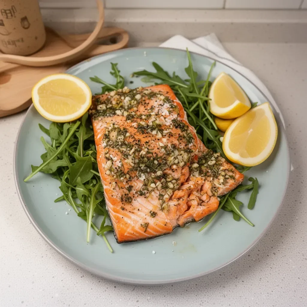 Delicious Greek Salmon dish garnished with herbs and lemon