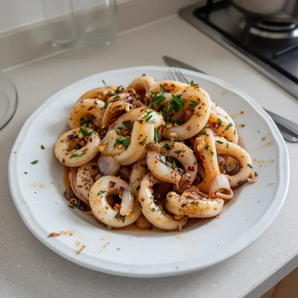 Grilled Greek squid served with lemon and herbs on a plate