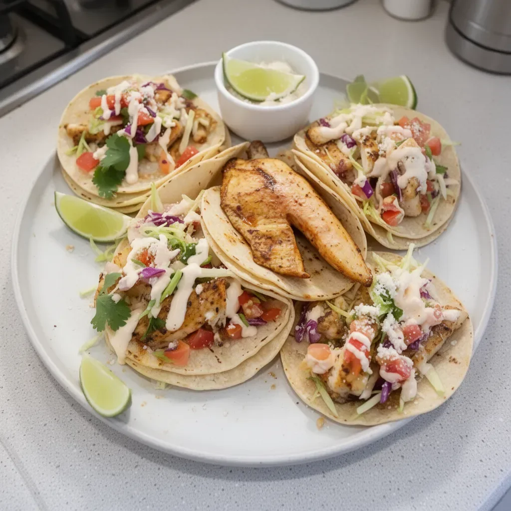 Delicious grilled fish tacos topped with fresh vegetables and lime