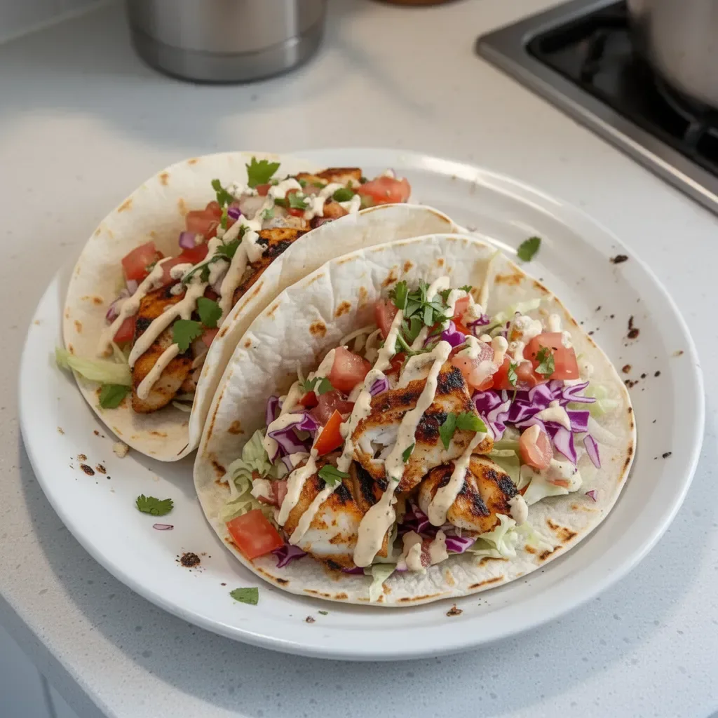 Delicious grilled fish tacos topped with fresh ingredients and served on a plate