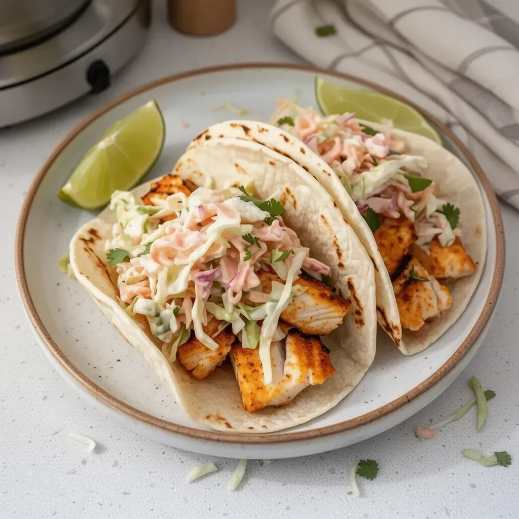 Grilled fish tacos served with fresh cabbage slaw in a warm tortilla