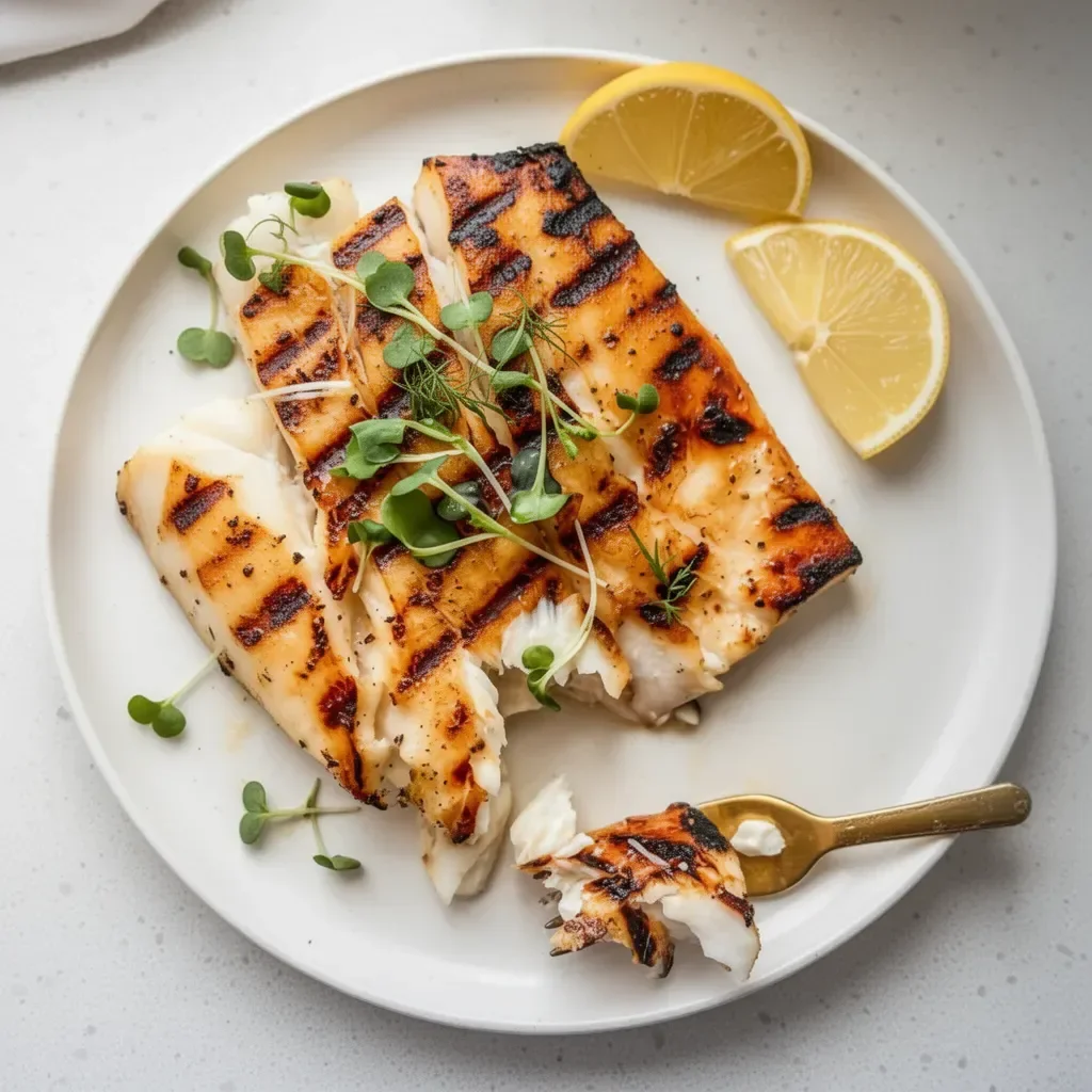 Delicious grilled halibut served with fresh vegetables on a plate