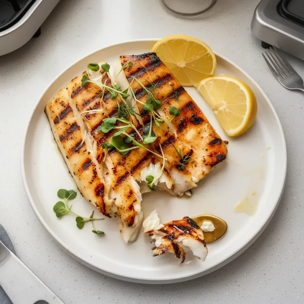 Delicious grilled halibut served with lemon and herbs on a white plate.