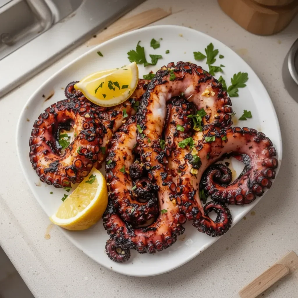 Delicious grilled octopus served on a plate with vibrant garnish