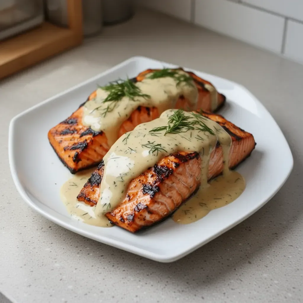 Grilled salmon fillet topped with Dijon mustard sauce on a plate