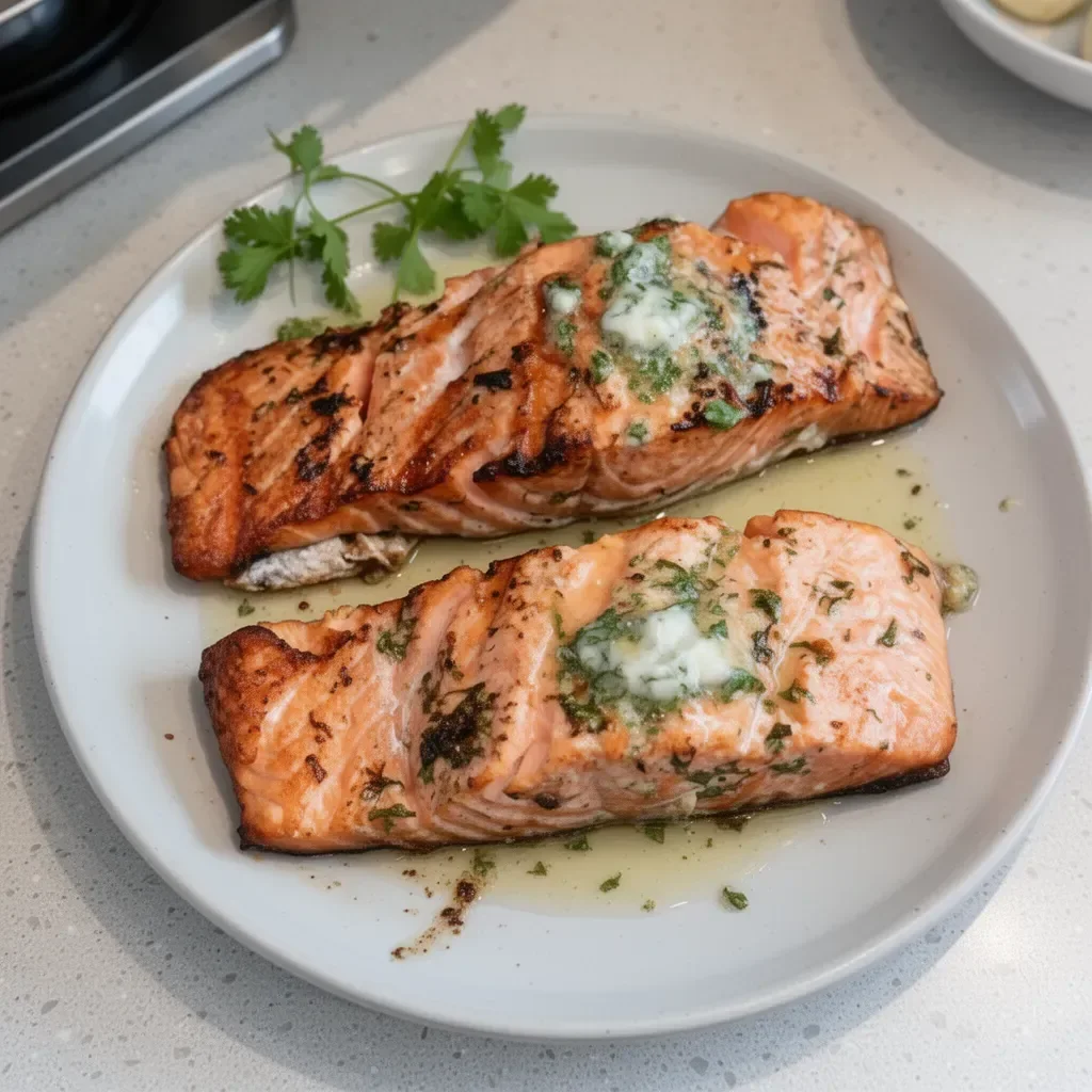 Grilled salmon fillet served with garlic butter sauce and lemon garnish