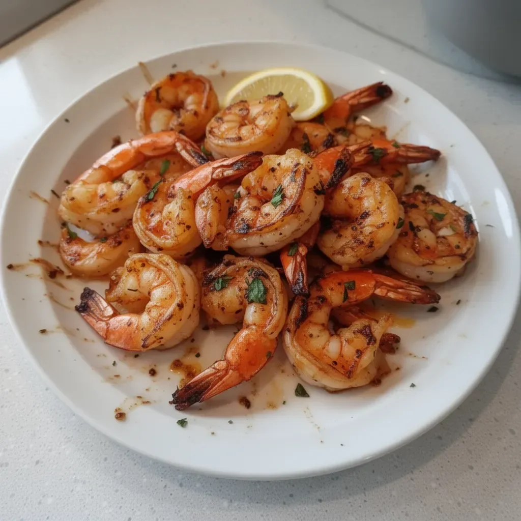 A plate of perfectly grilled shrimp garnished with herbs and lemon