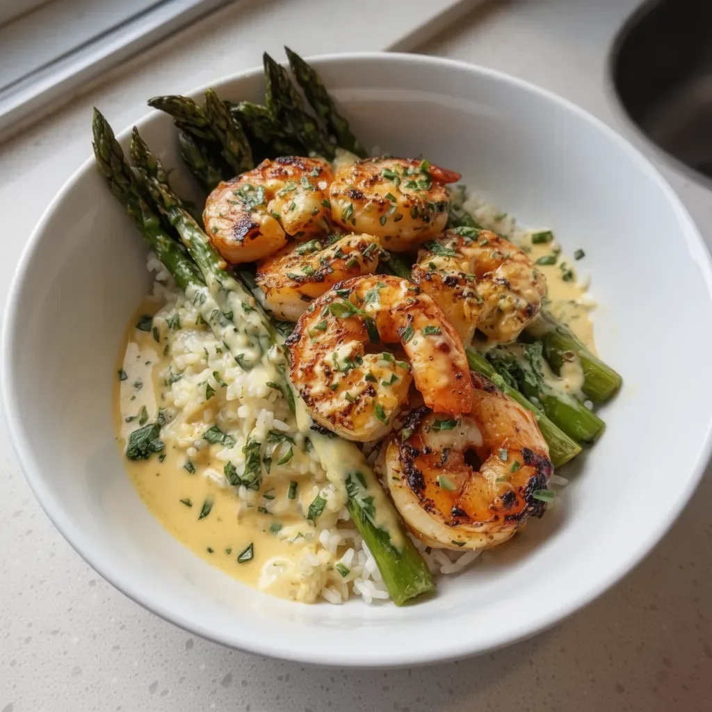 Grilled shrimp bowl with asparagus and creamy garlic sauce on a plate.