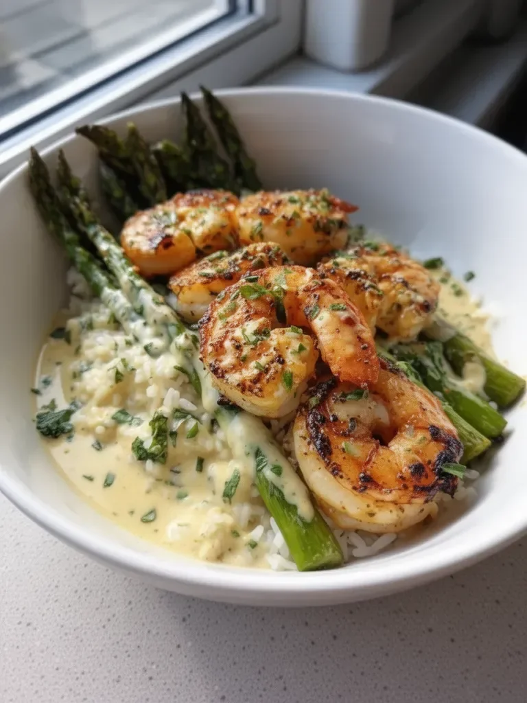 Grilled Shrimp Bowl with Asparagus Creamy Garlic Sauce Bliss