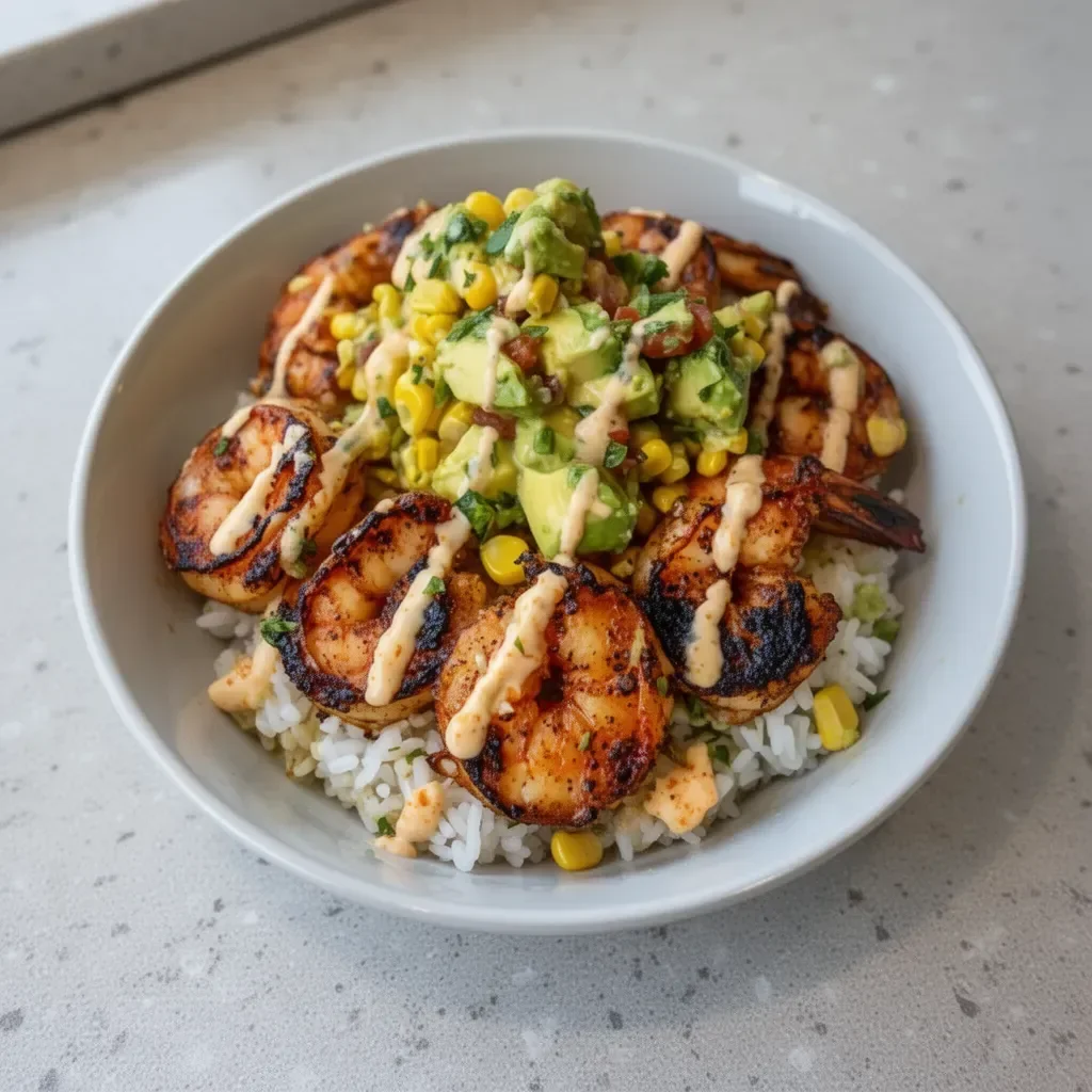 Delicious grilled shrimp bowl with avocado corn salsa and fresh ingredients