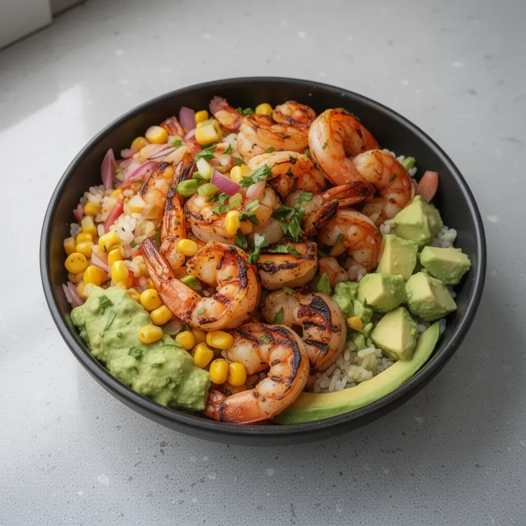 Delicious grilled shrimp bowl topped with fresh avocado corn salsa.