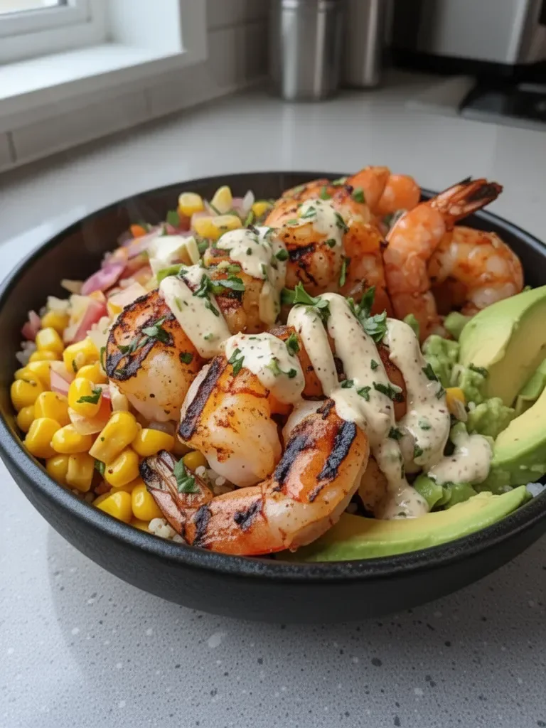Grilled Shrimp Bowl with Avocado Corn Salsa