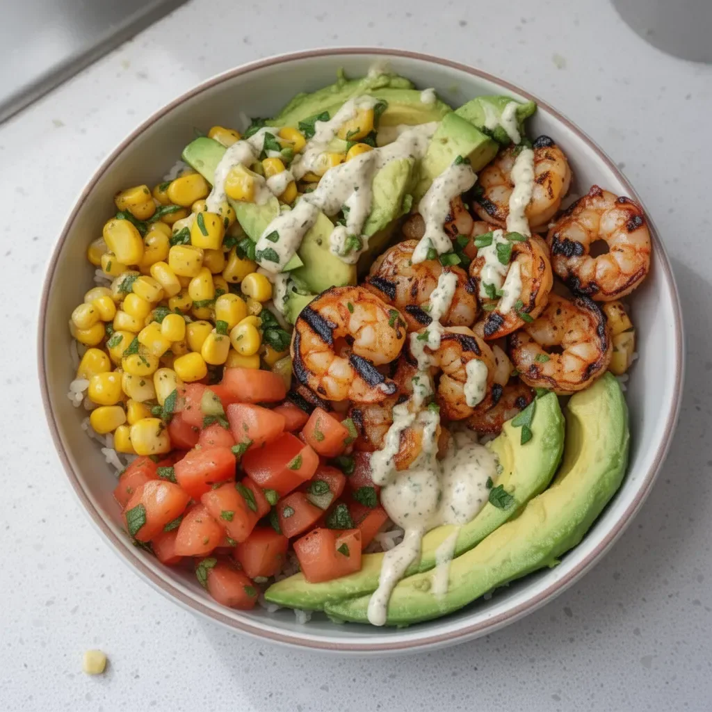 Grilled shrimp bowl with avocado and corn salsa topped with creamy garlic sauce