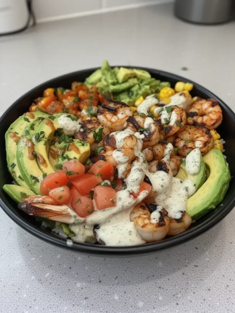 Grilled Shrimp Bowl with Avocado, Corn Salsa & Creamy Garlic Sauce