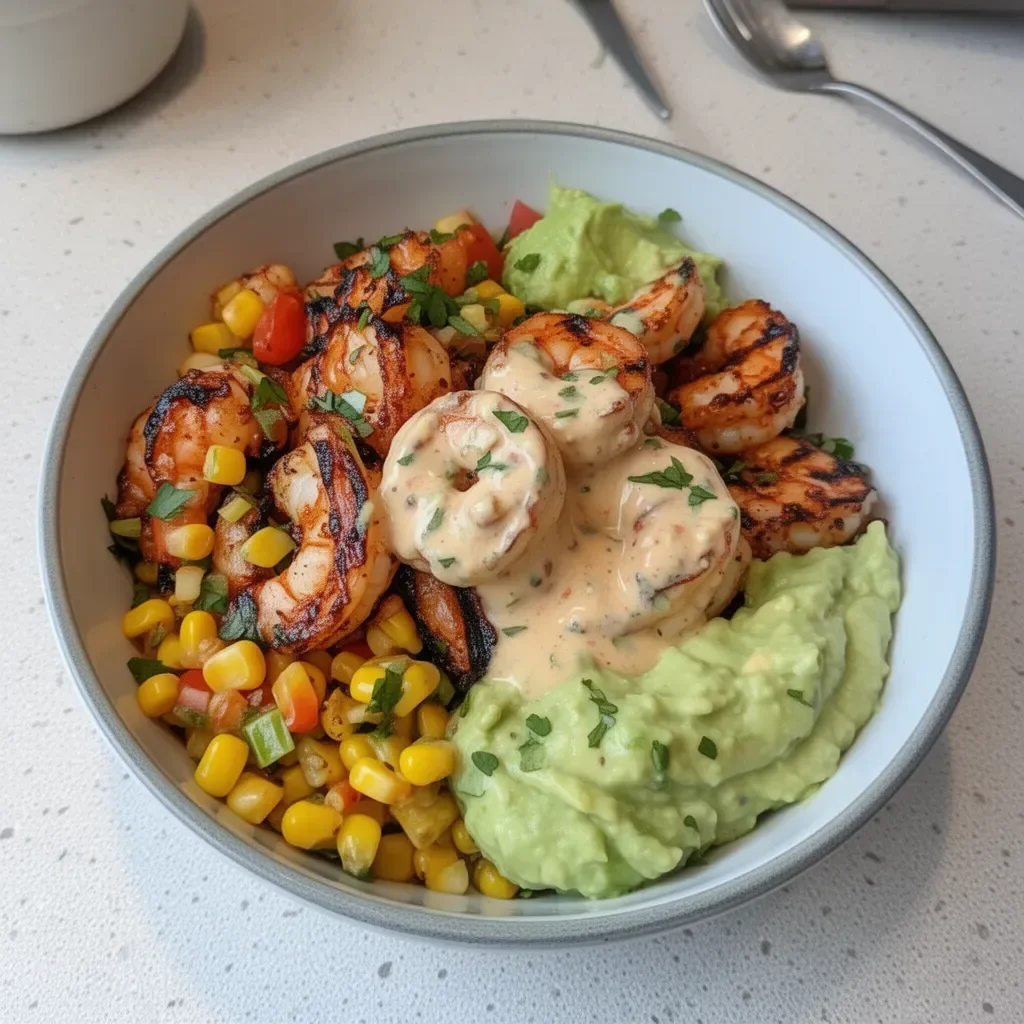 Grilled shrimp bowl with avocado corn salsa and creamy sauce