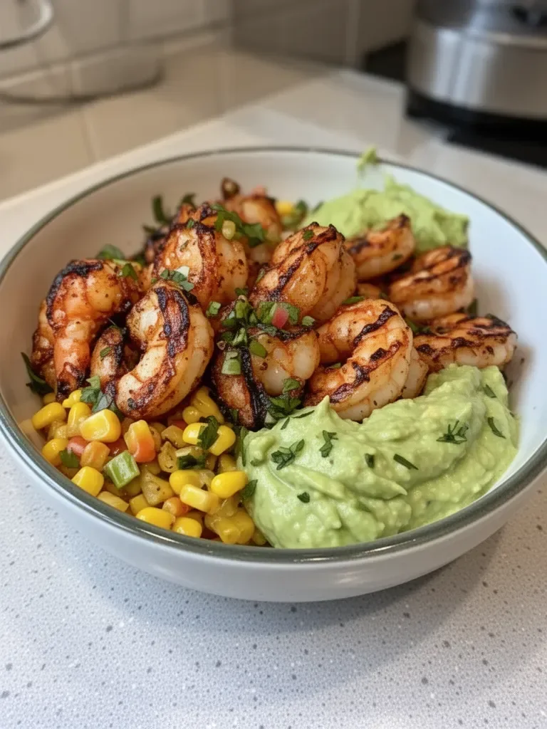 Grilled Shrimp Bowl with Avocado Corn Salsa Creamy Sauce