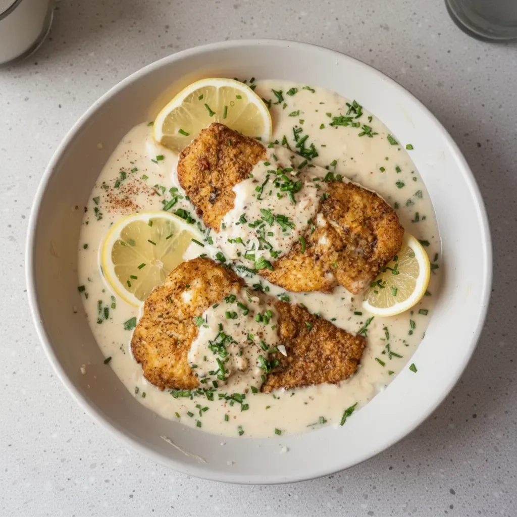 Haddock fillet in lemon garlic cream sauce on a plate garnished with herbs