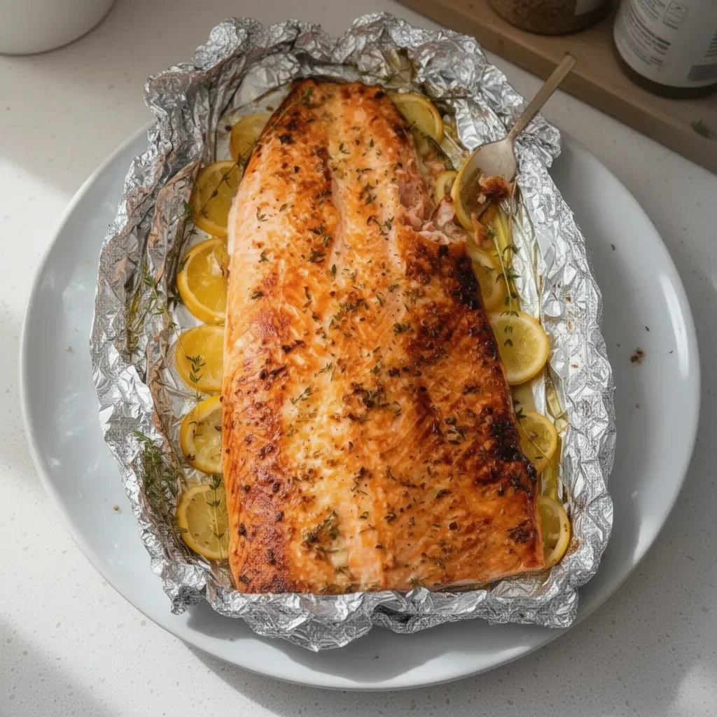 Healthy baked salmon in foil with vegetables on a plate