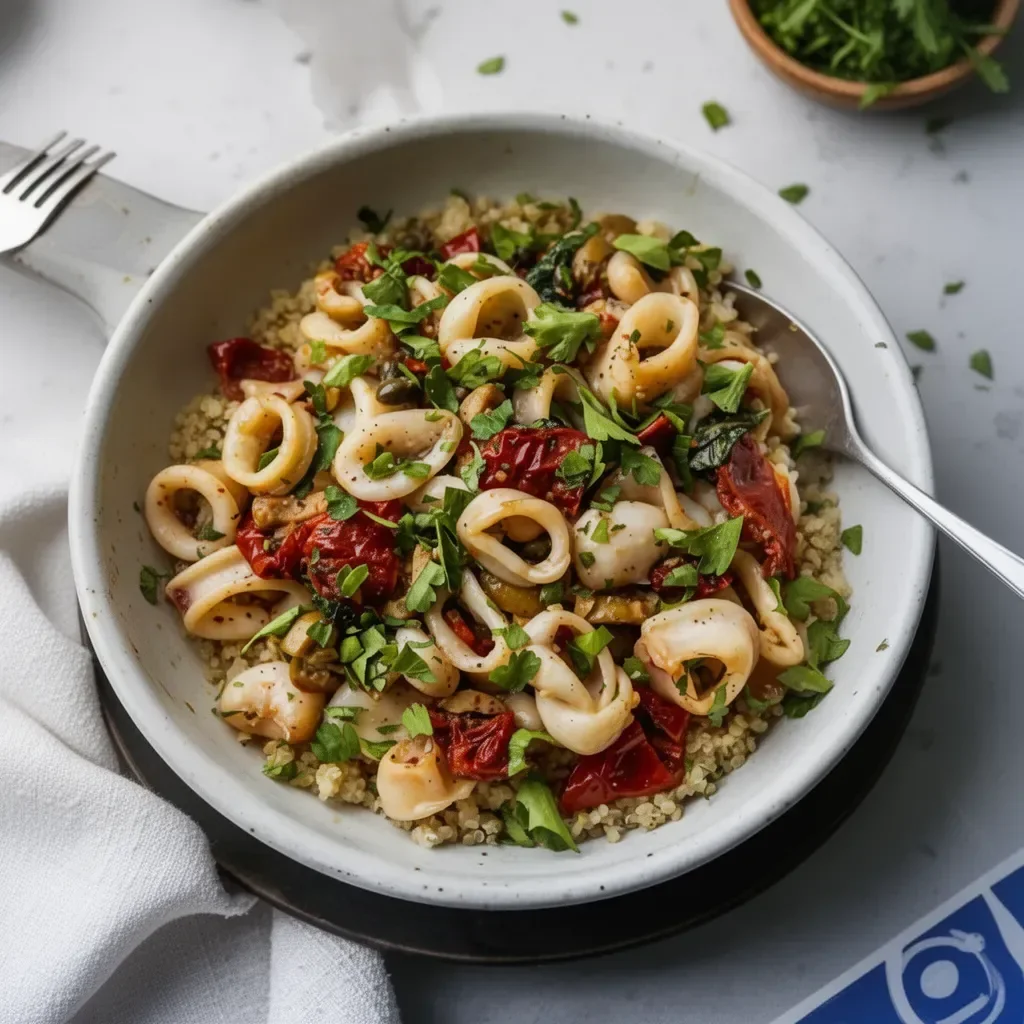 Healthy sautéed puttanesca-style squid with fresh ingredients.