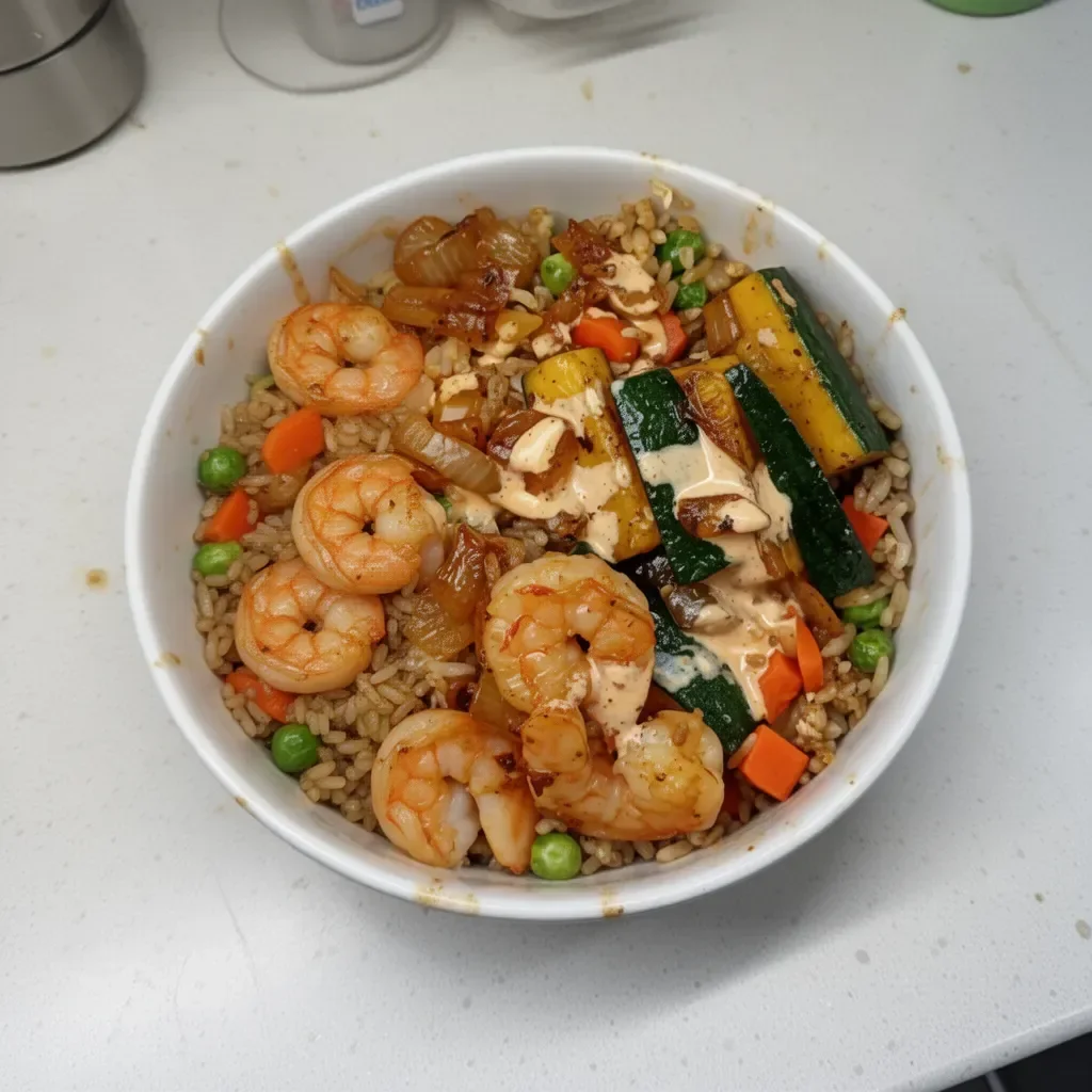 Delicious hibachi shrimp rice bowl topped with colorful vegetables